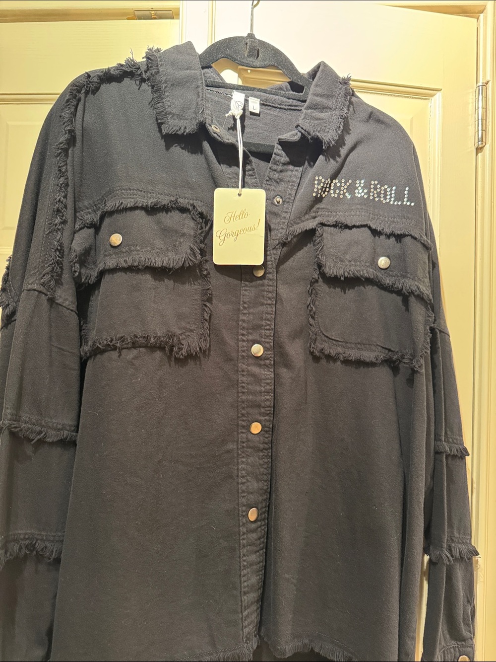 Elan Black Frayed Utility Jacket with Crystal Accent